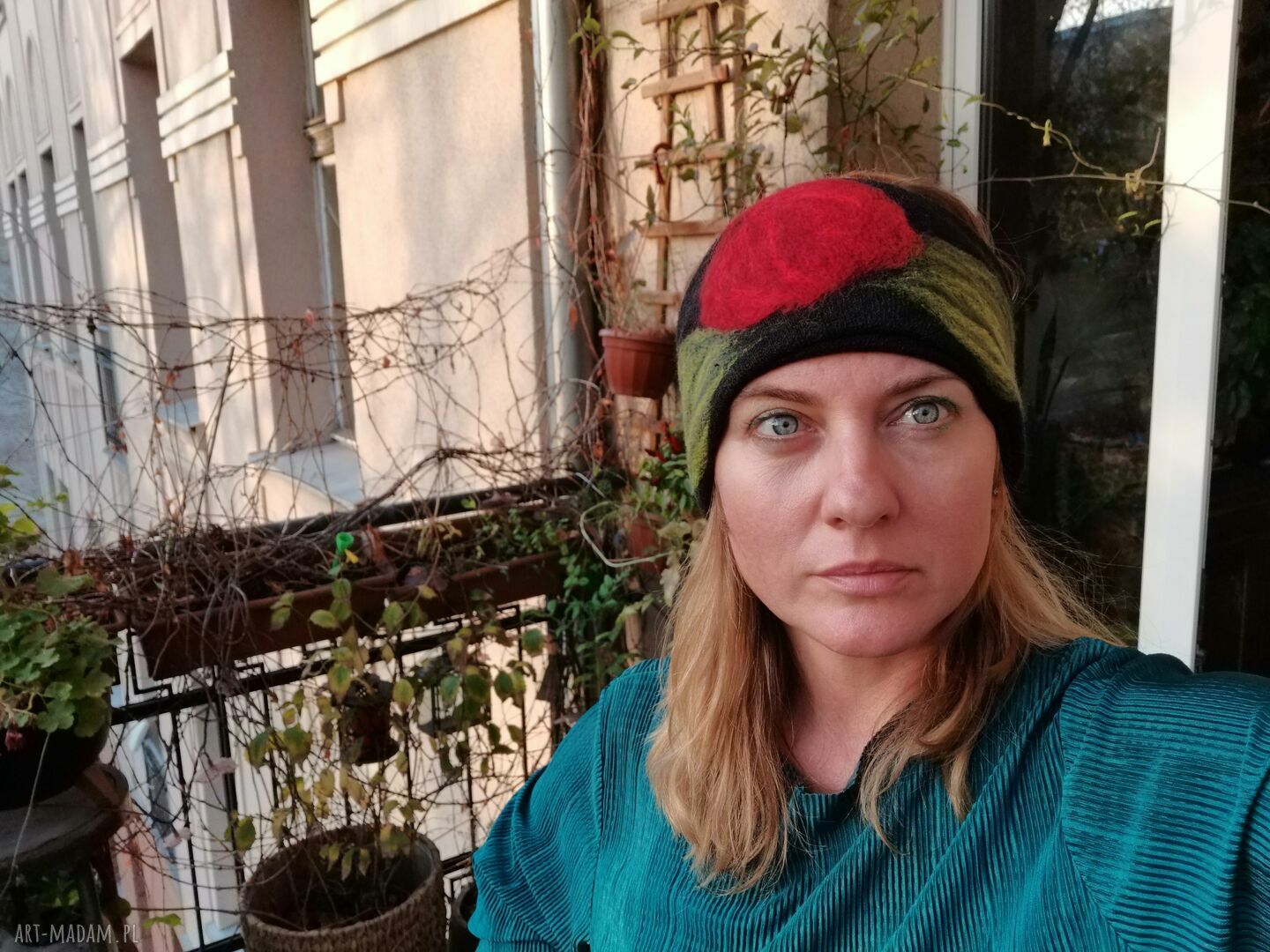 Kolorowa, ciepła opaska boho z filcowanej wełny z merynosów (59-61 cm)