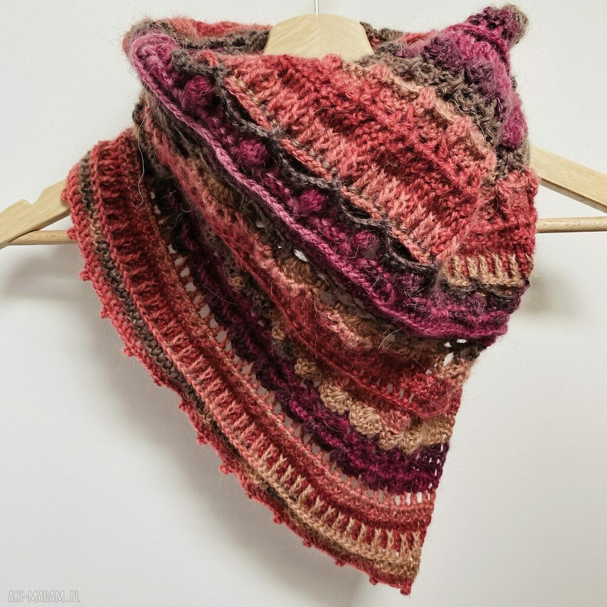 Ciepła zapinana apaszka z wełną merino - kolorowa chustka handmade