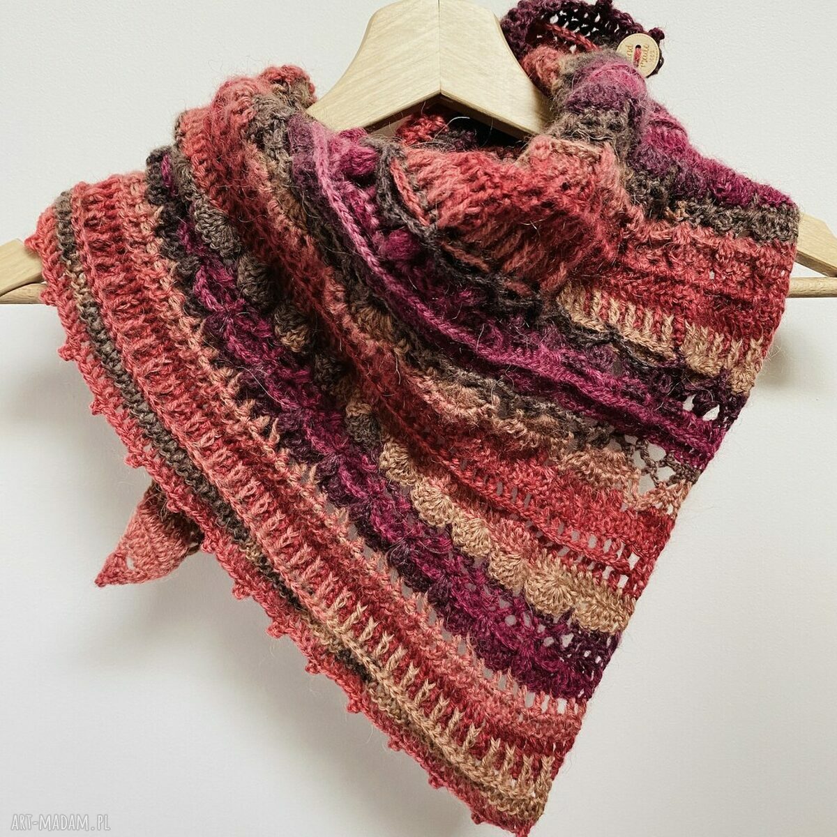 Ciepła zapinana apaszka z wełną merino - kolorowa chustka handmade