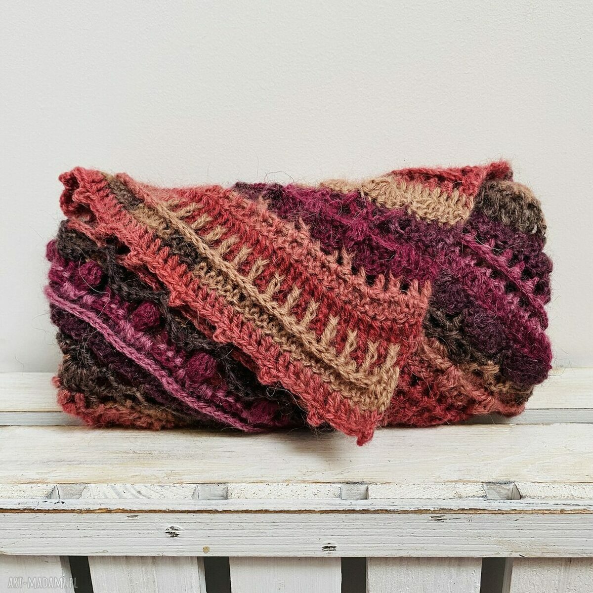 Ciepła zapinana apaszka z wełną merino - kolorowa chustka handmade