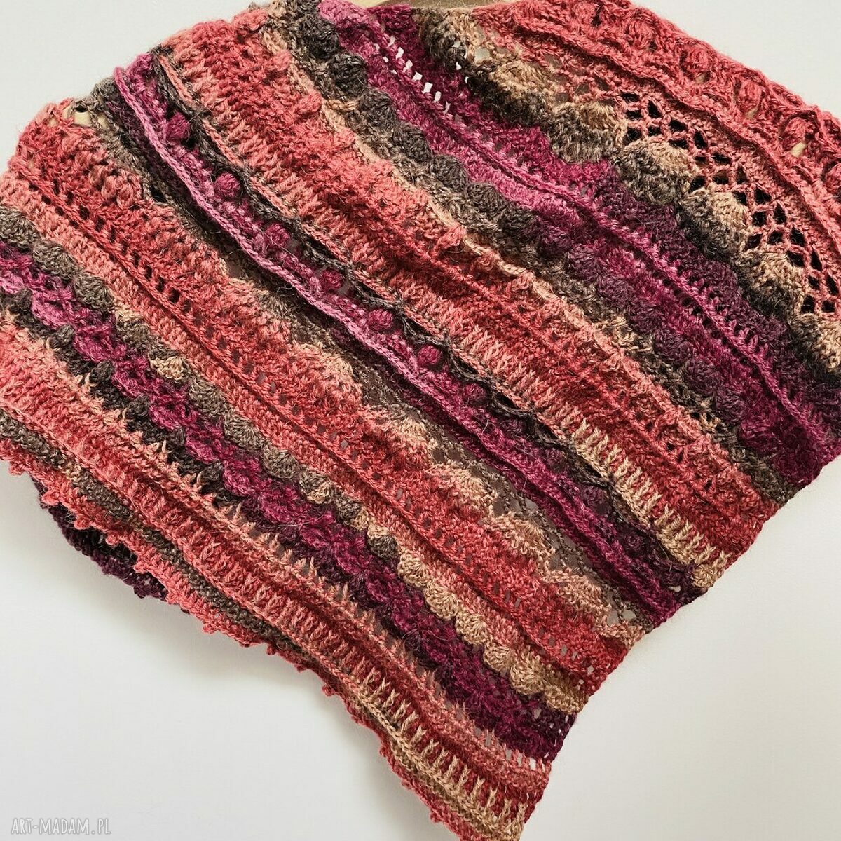 Ciepła zapinana apaszka z wełną merino - kolorowa chustka handmade