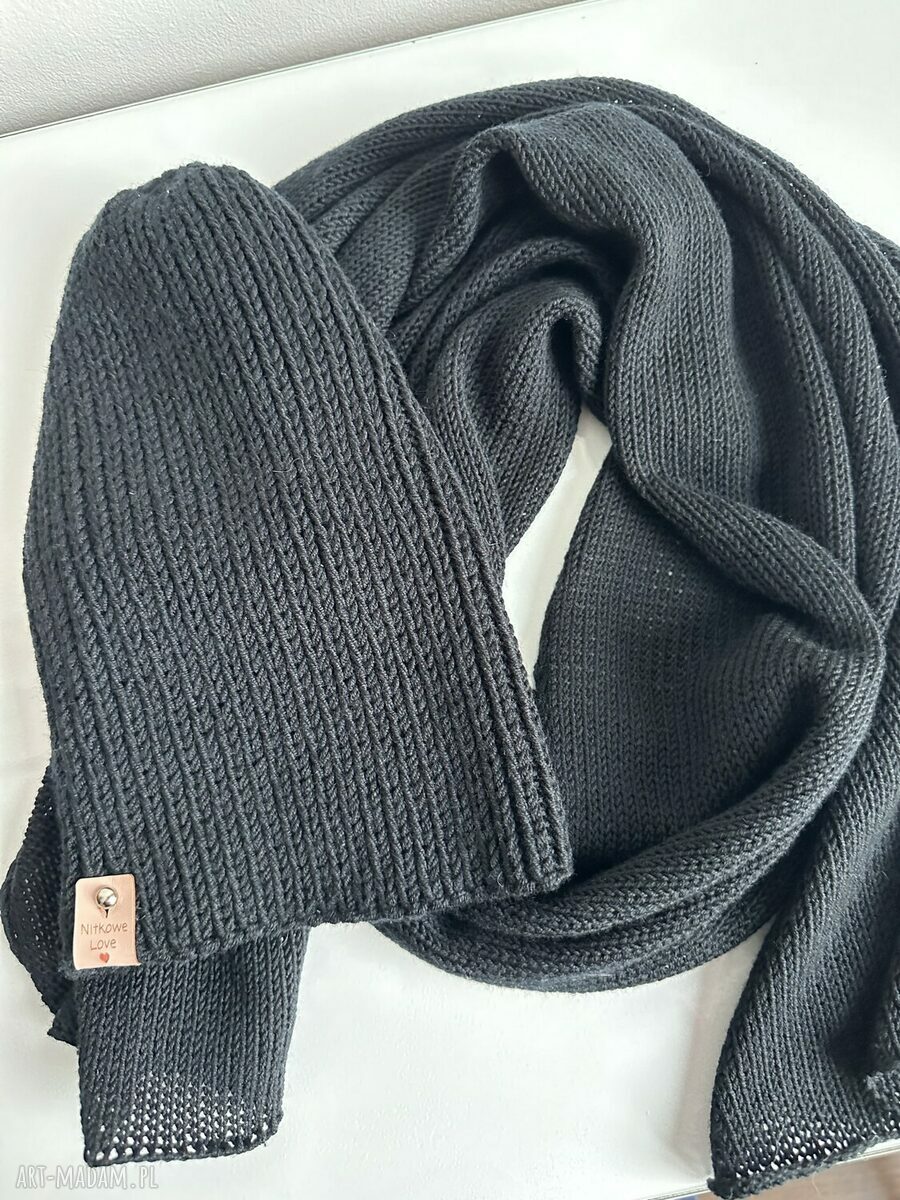 Damski szalik z wełny baby merino 100% Nitkowe Love, czarny 230x35 cm