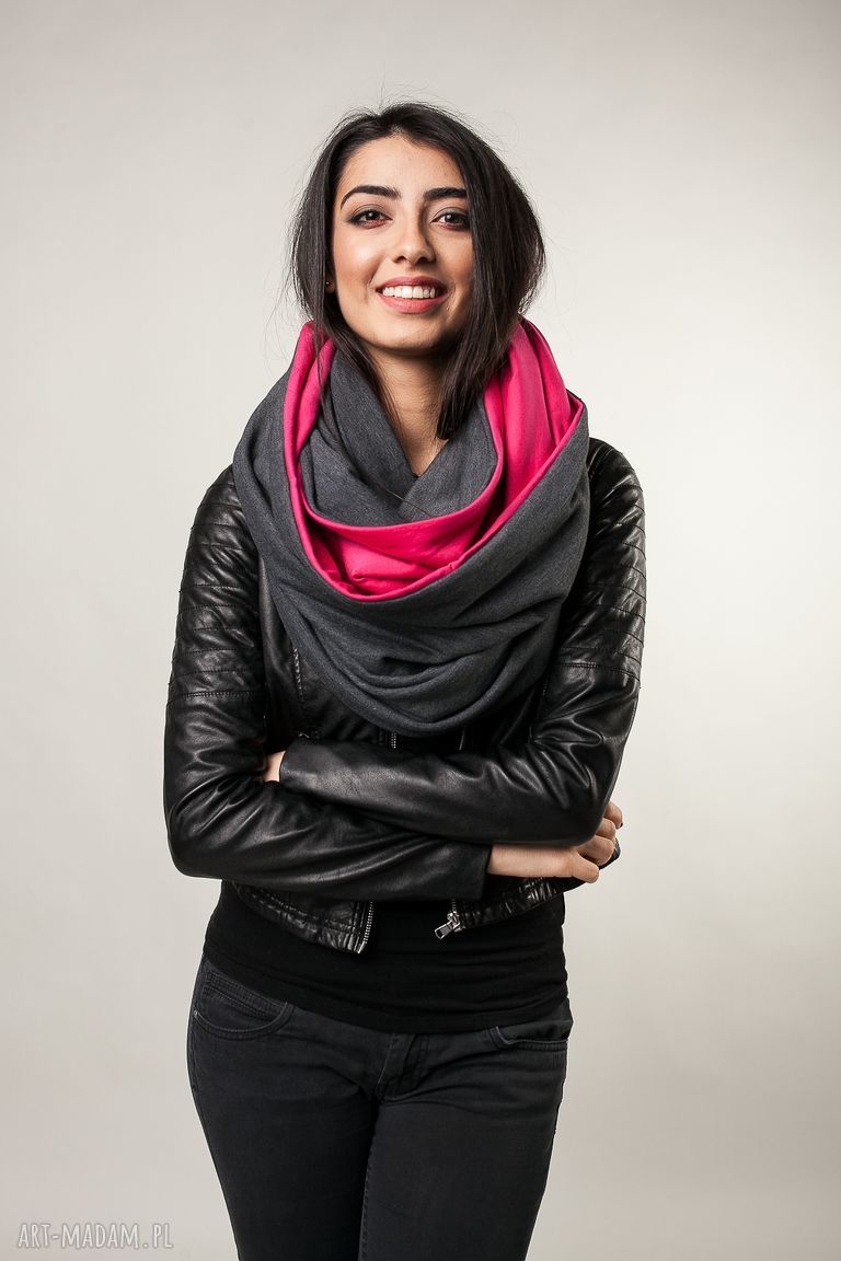 Komin xxl dwustronny grafit malina gruby ciepły piękny bardzo