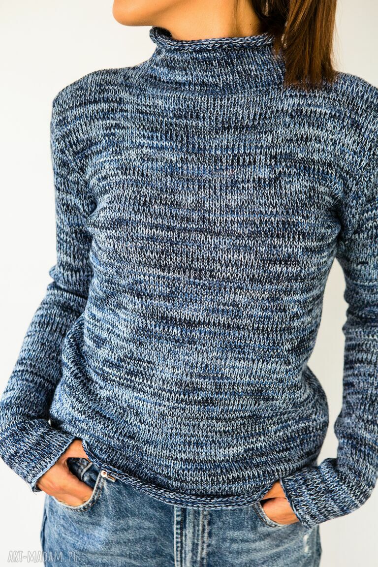Ciepły sweter typu golf z wełny - niebieski melanż S-XL (handmade)
