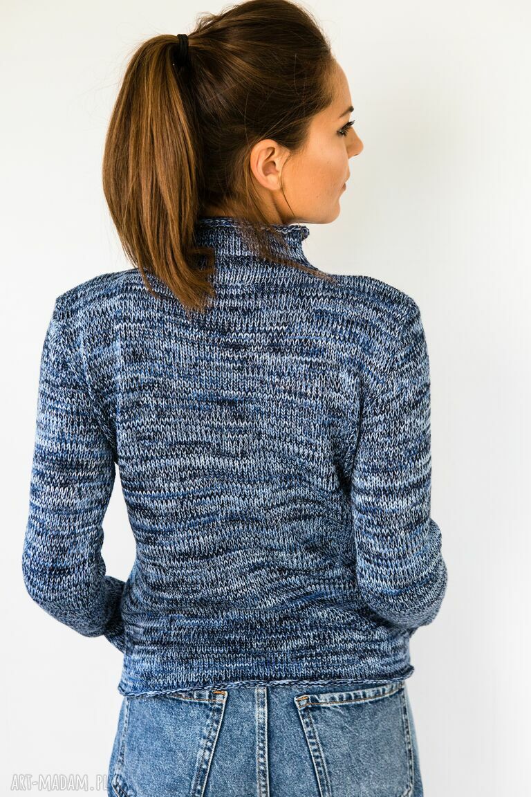 Ciepły sweter typu golf z wełny - niebieski melanż S-XL (handmade)