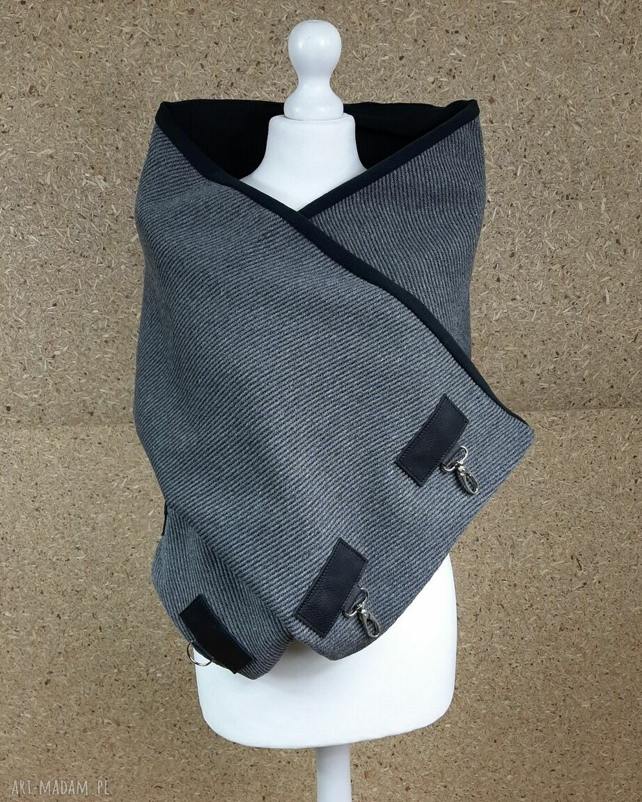Ciepły wełniany szal szary prążek ze skórzanymi zapinkami UNISEX Hand Made