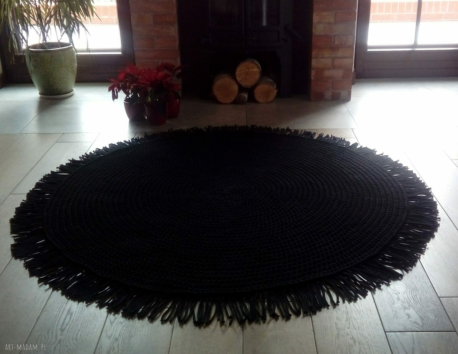 Dywan Classic Black z frędzlami 160 cm - czarny ze sznurka bawełnianego (dwustronny)