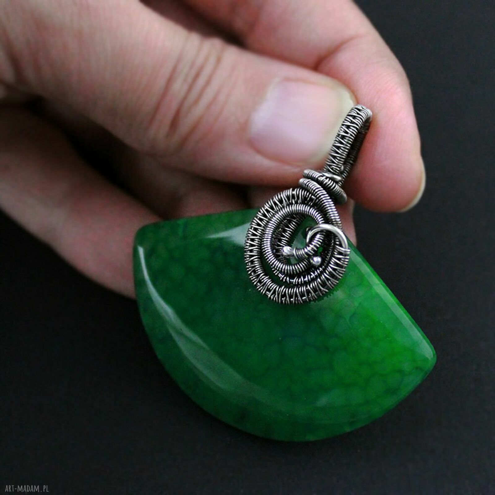 Cleo - duży zielony wisior z agatem w wire wrapping