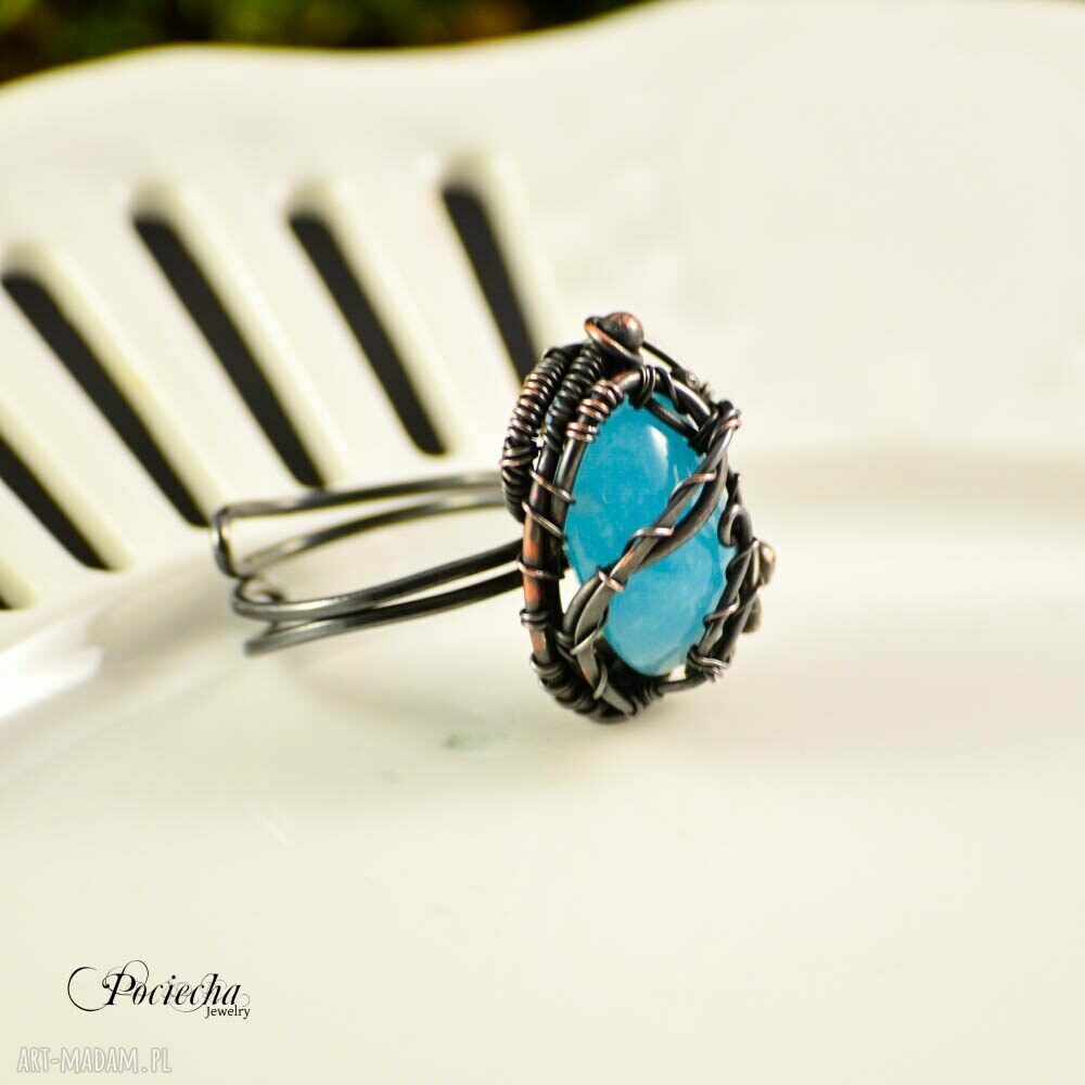 Miedziany pierścionek Cloud z jadeitem - regulowany rozmiar (wire wrapping)