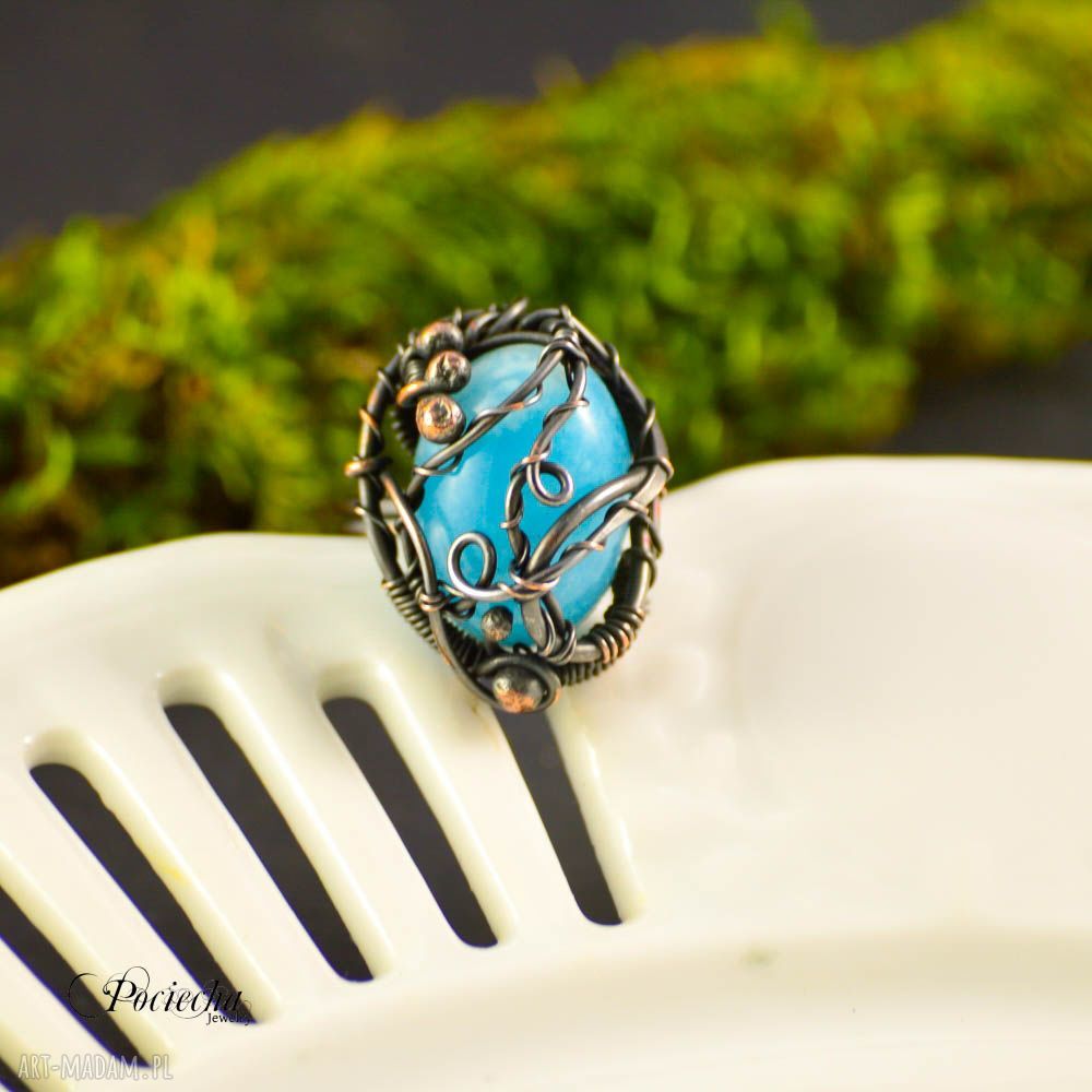 Miedziany pierścionek Cloud z jadeitem - regulowany rozmiar (wire wrapping)