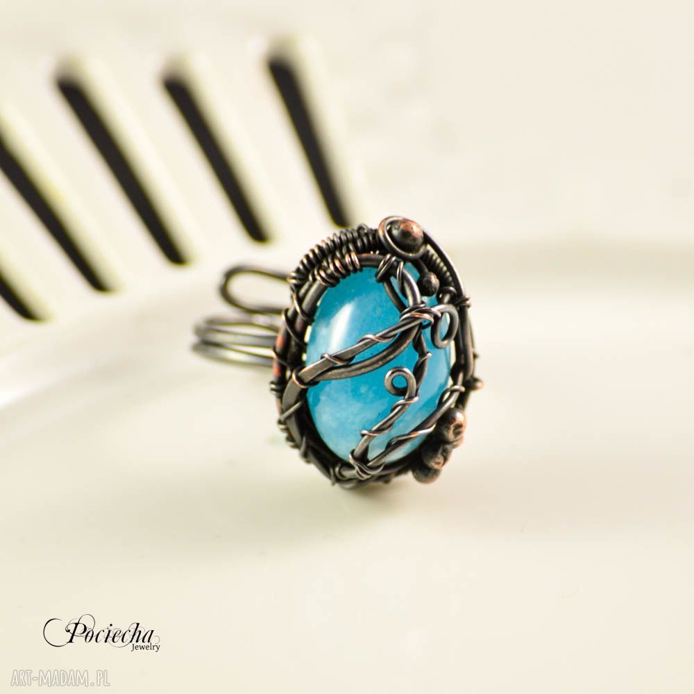 Miedziany pierścionek Cloud z jadeitem - regulowany rozmiar (wire wrapping)
