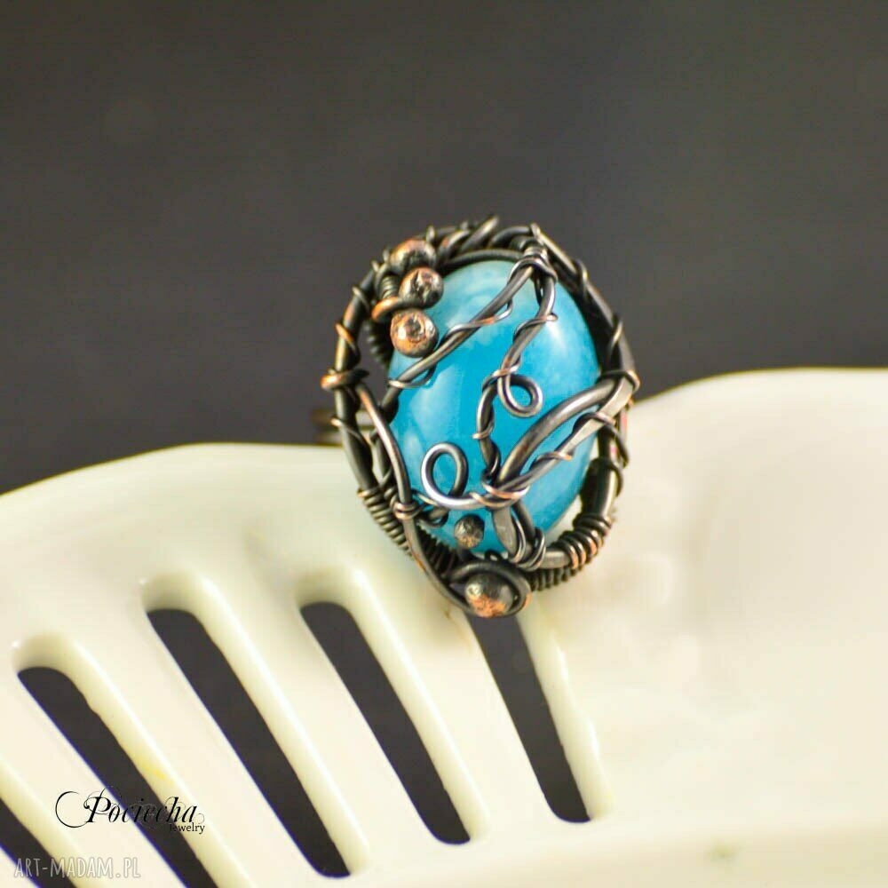 Miedziany pierścionek Cloud z jadeitem - regulowany rozmiar (wire wrapping)
