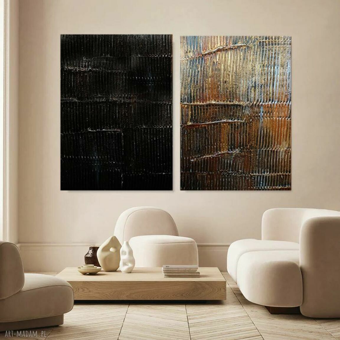 Corrientes de oro - duży zestaw 2 obrazów strukturalnych 70x100 cm do salonu