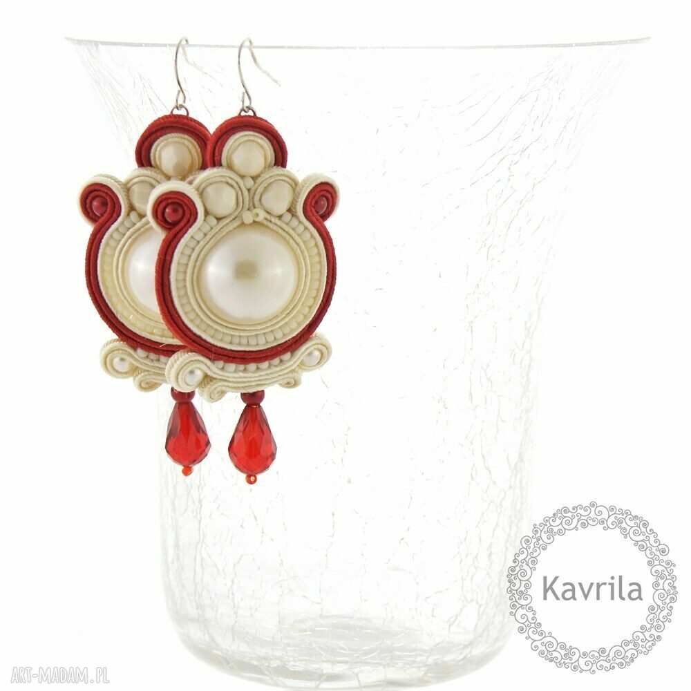 Creamy & red soutache kolczyki Autorskie