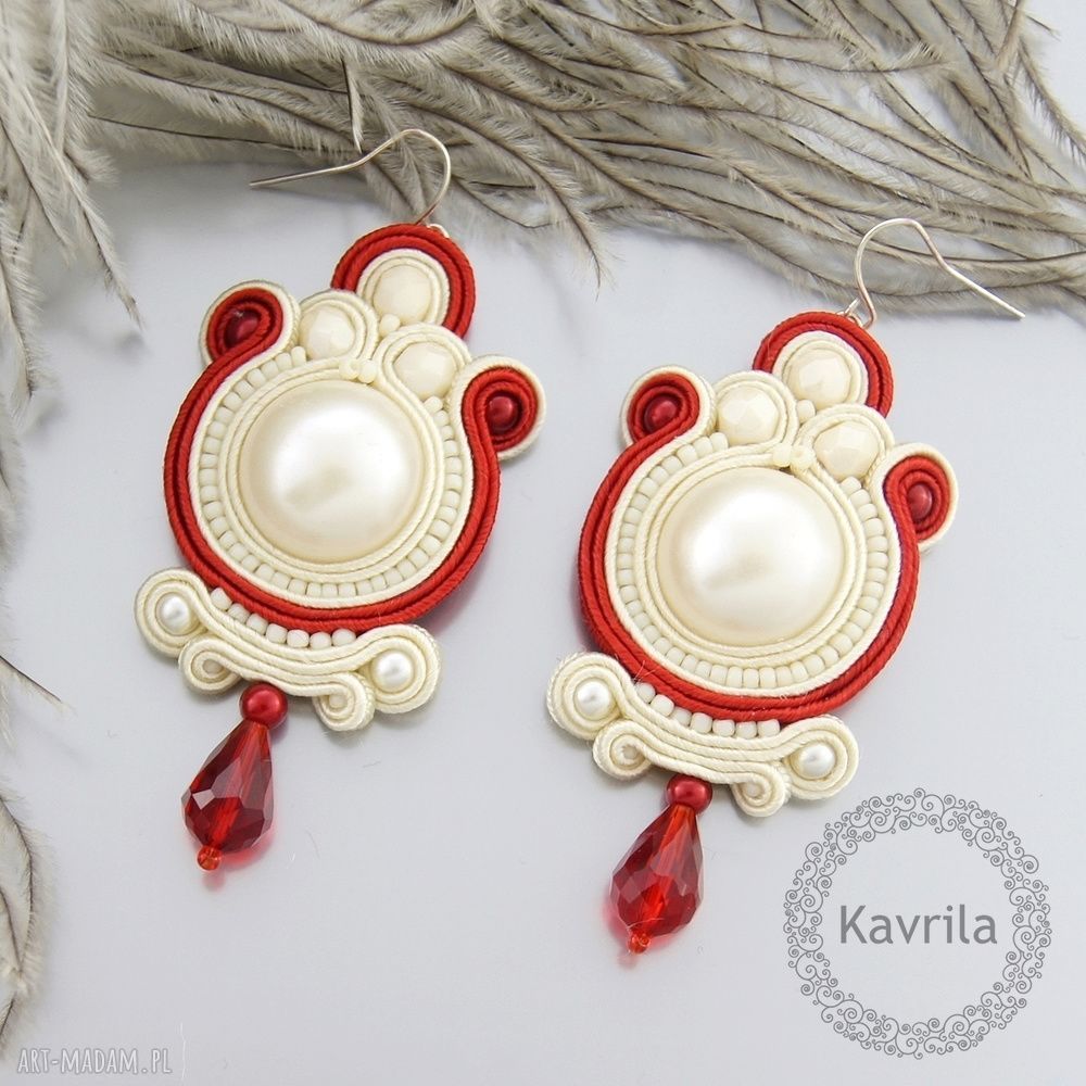 Creamy red soutache kolczyki sutasz ślubne wykonane techniką