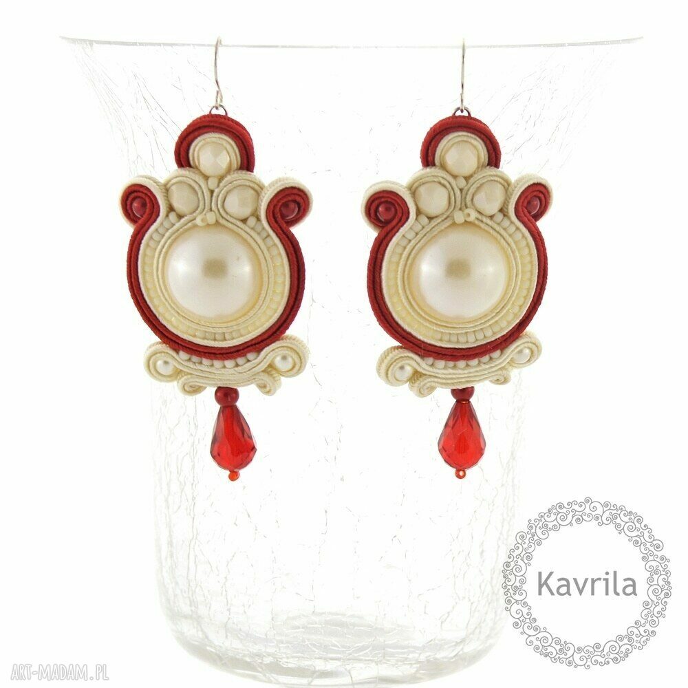 Creamy & red soutache kolczyki Autorskie
