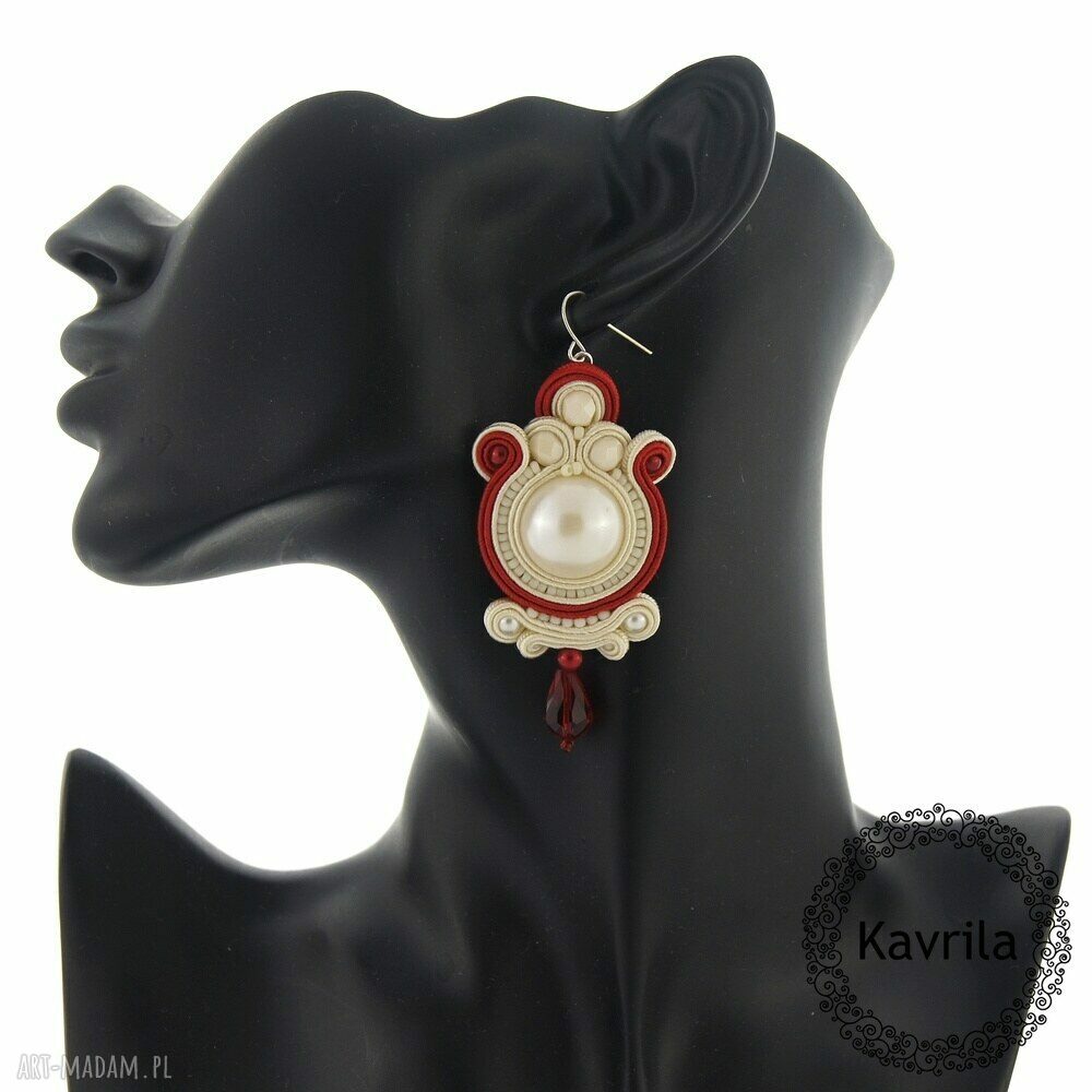 Creamy & red soutache kolczyki Autorskie