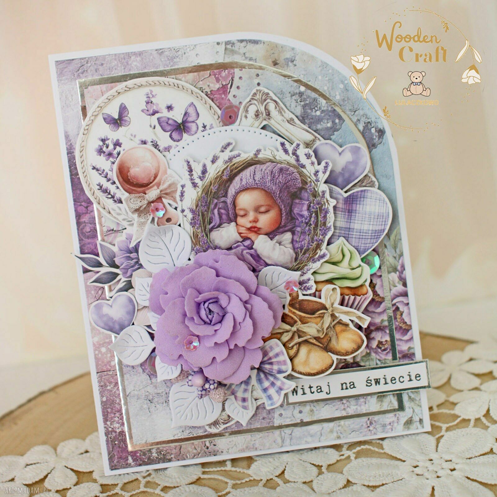 Ręcznie robiona kartka na narodziny dziecka Violet Baby