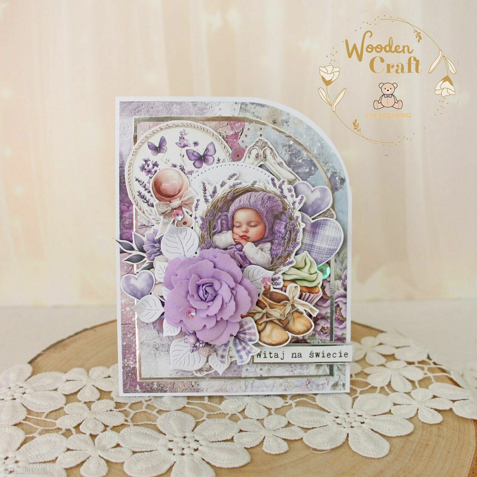 Ręcznie robiona kartka na narodziny dziecka Violet Baby