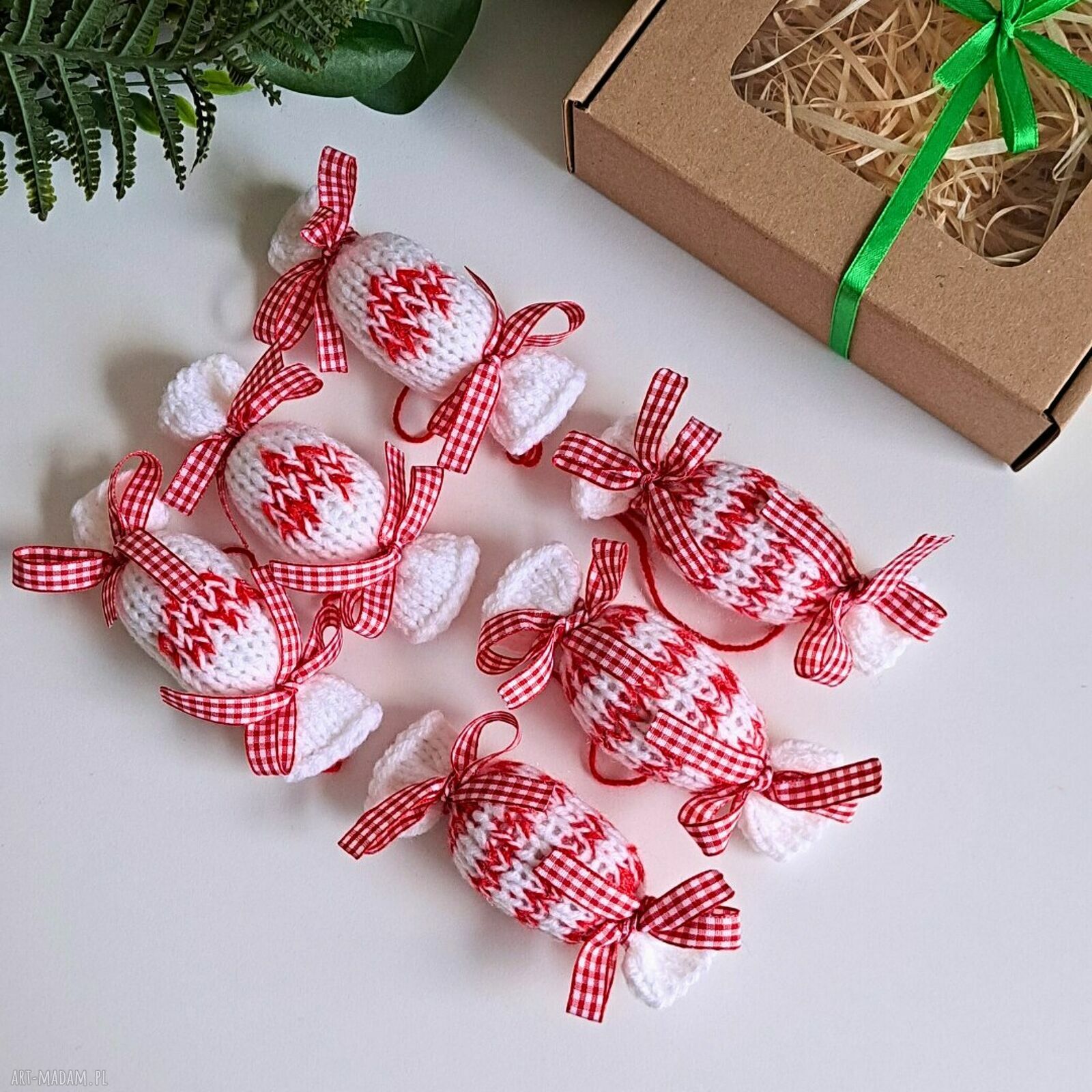 Cukierki - zawieszki na choinkę, zestaw 6 szt. rękodzieło na drutach