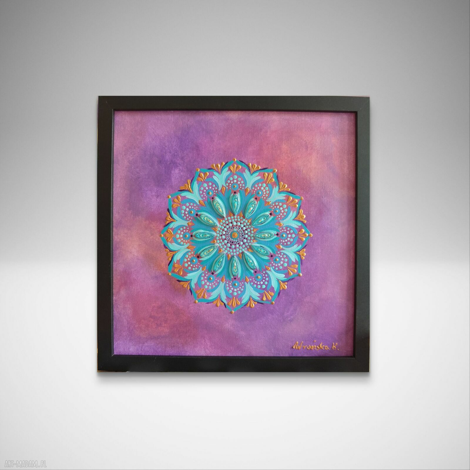 Cukierkowa błyskotka - ręcznie malowana mandala 25x25 cm z kryształkami