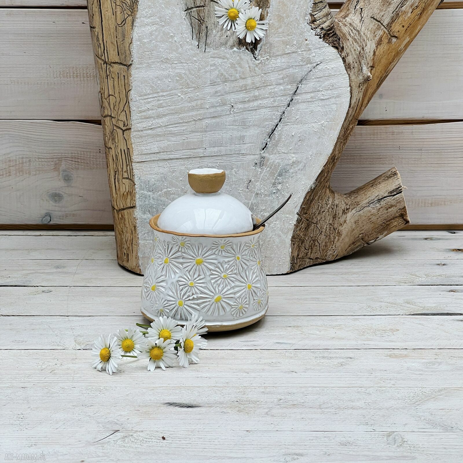 Cukiernica ceramiczna z pokrywką w stokrotki - prezent dla mamy
