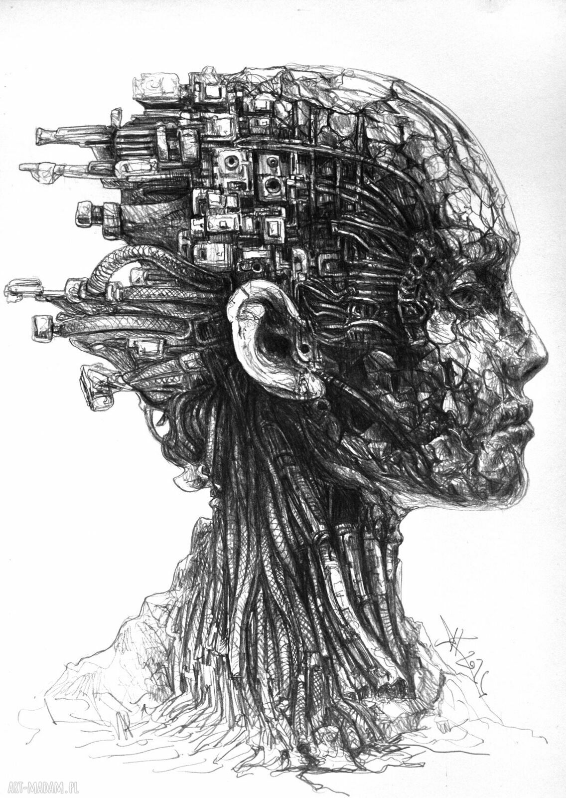 Cyberbytowanie - rysunek piórkiem A4 surrealizm i fantastyka