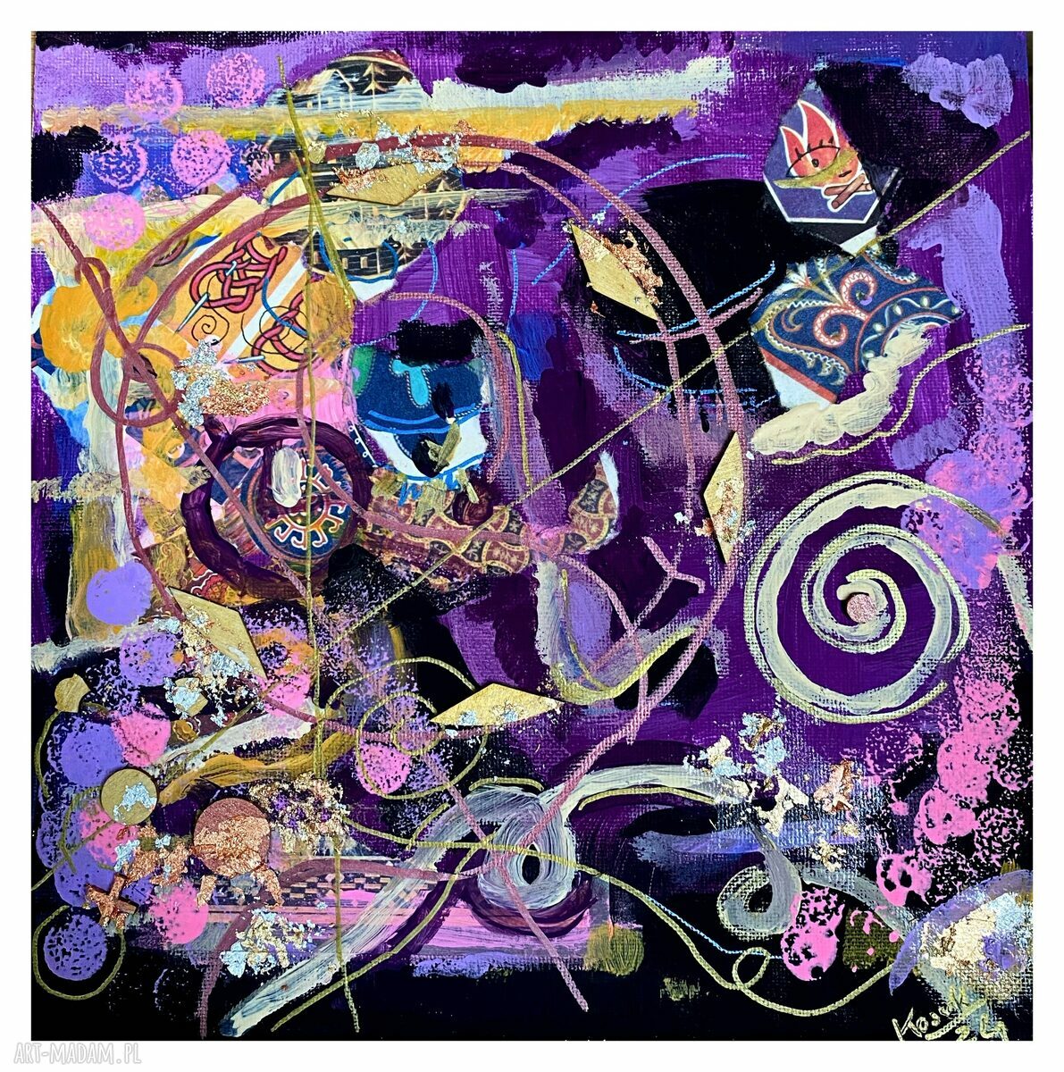 Cykl Kolory - Fioletowy kolaż „Jestem” - obraz abstrakcyjny 24x24 cm