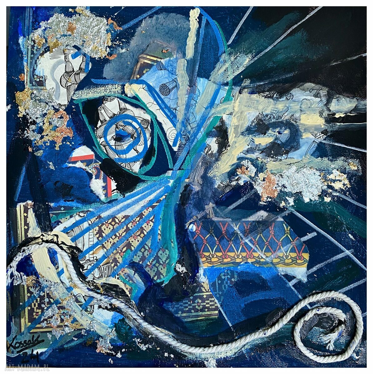 Cykl Kolory Niebieski: Zawiść - kolaż akrylowy z tekstyliami i złoceniami 24 x 24 cm
