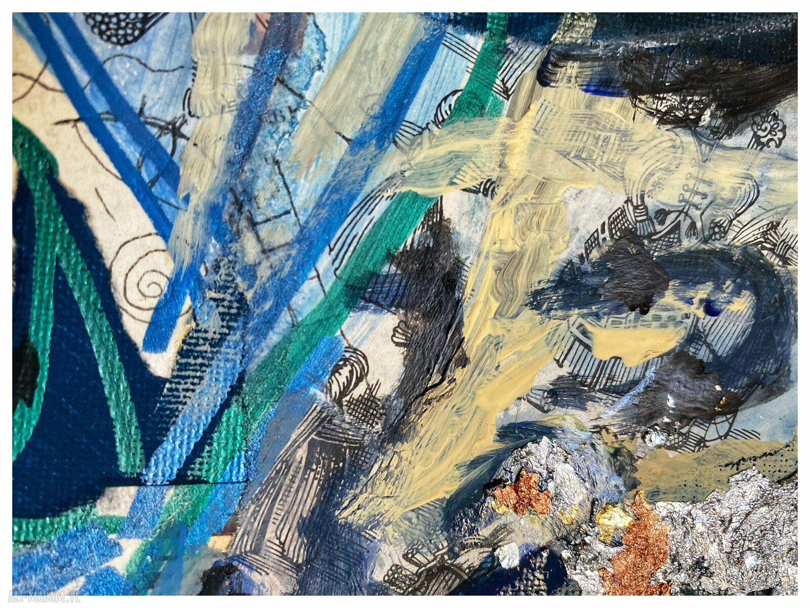 Cykl Kolory Niebieski: Zawiść - kolaż akrylowy z tekstyliami i złoceniami (24 x 24 cm)
