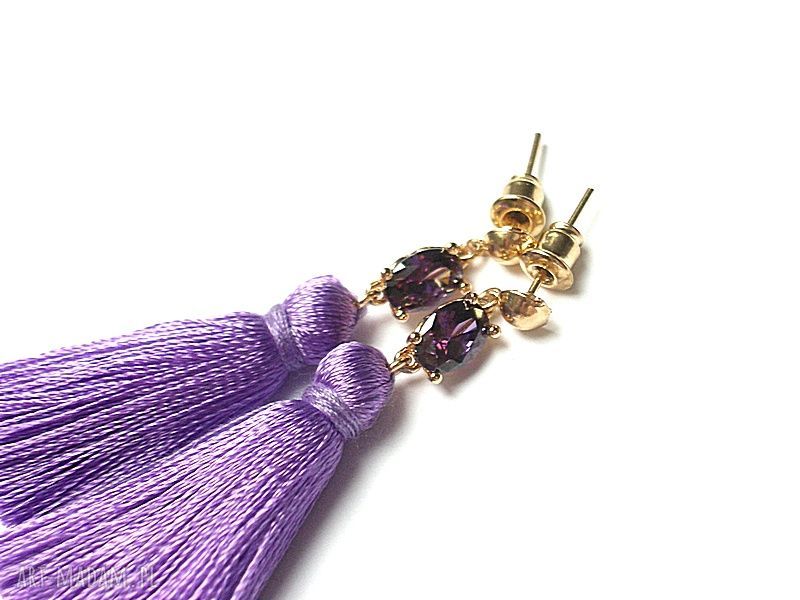 Liliowe kolczyki boho z chwostami i cyrkoniami handmade