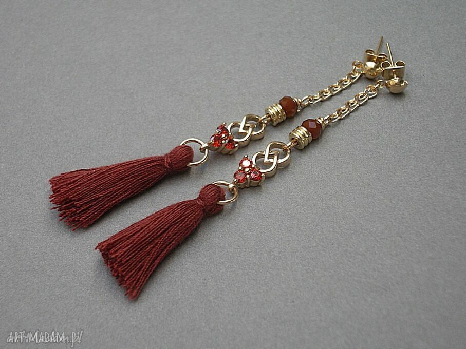 Boho kolczyki jarzębinki z chwostami, cyrkoniami i kryształkami 8 cm (handmade)
