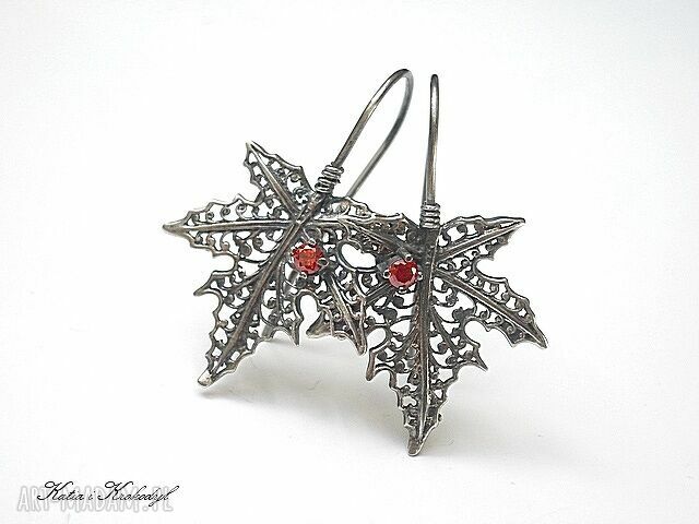 Syrop klonowy kolczyki srebro oksydowane cyrkonie liście wykonane