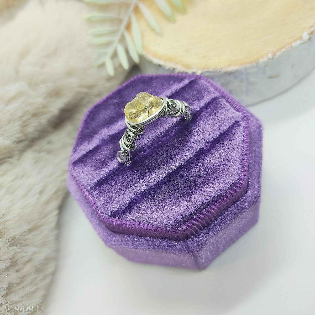 Pierścionek Cytryn regulowany ze stali chirurgicznej - wire wrapping