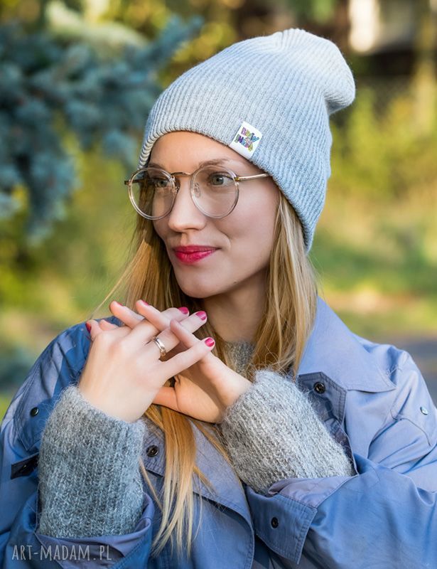 Dwustronna czapka beanie Jasny Szary z kolorowym logo - podwójny akryl