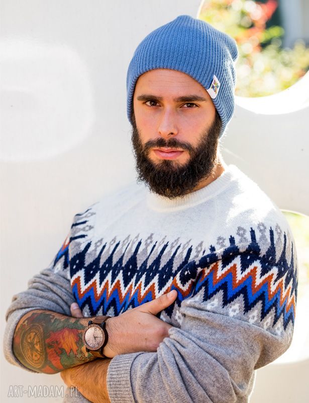 Wywijana czapka beanie dwustronna z kolorowym logo - brudny niebieski