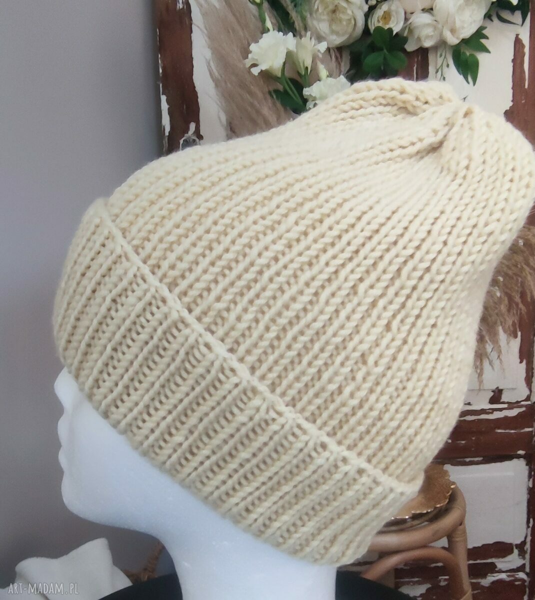 Czapka 100% Merino - żółta czapka na drutach, rękodzieło na chłodne dni
