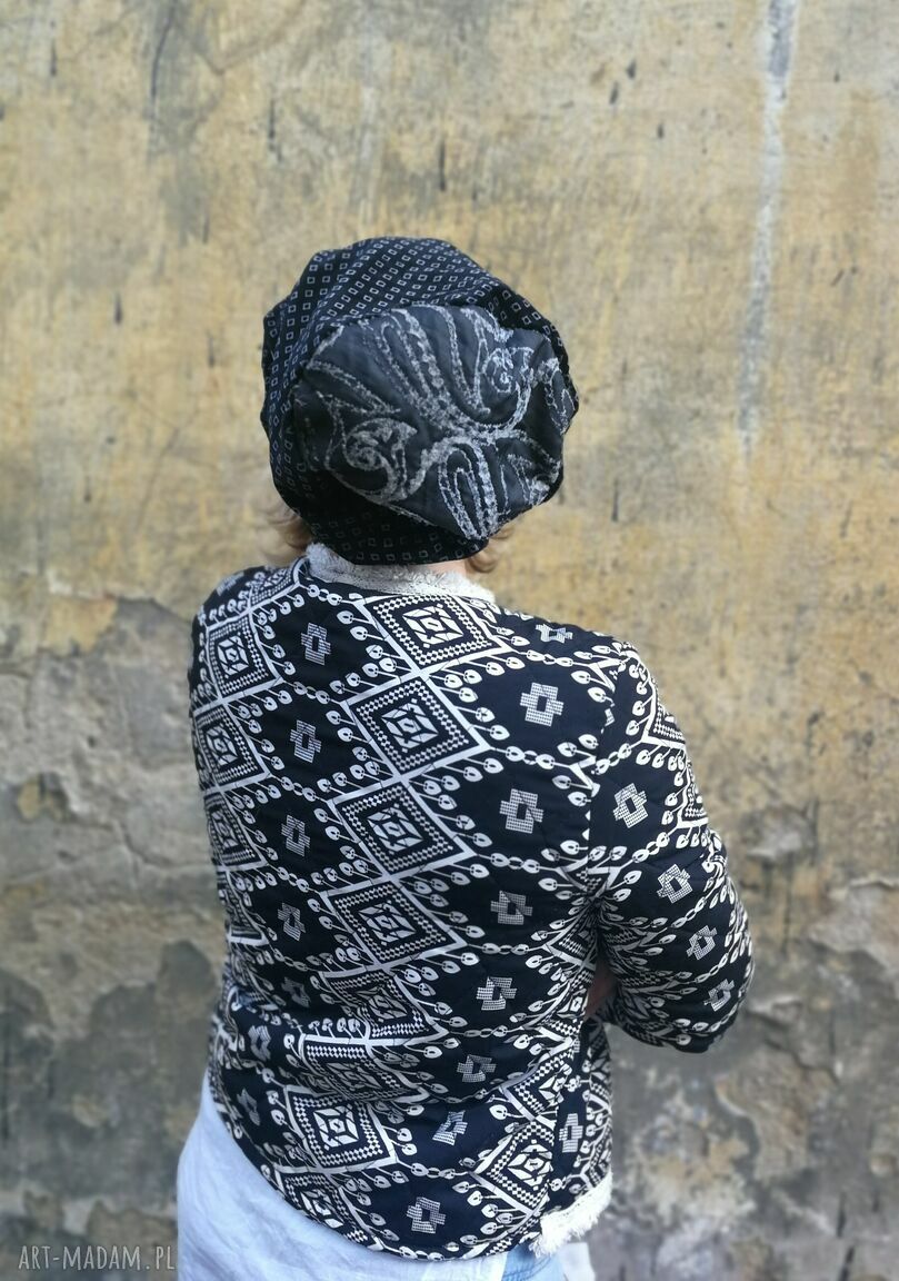 Czapka aksamitka boho etno-folk na podszewce dla bardzo dużej głowy - obwód 64-65 cm