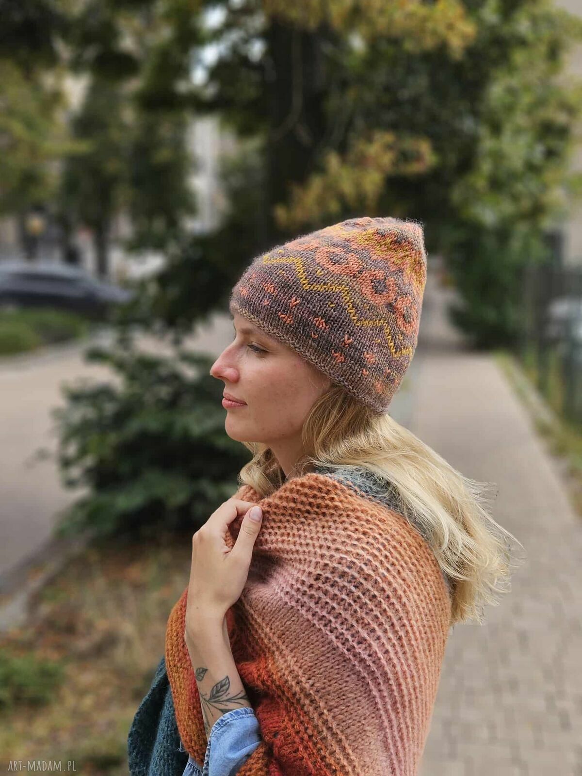 Czapka Autumn jesienna czapka na drutach, ręcznie robiona