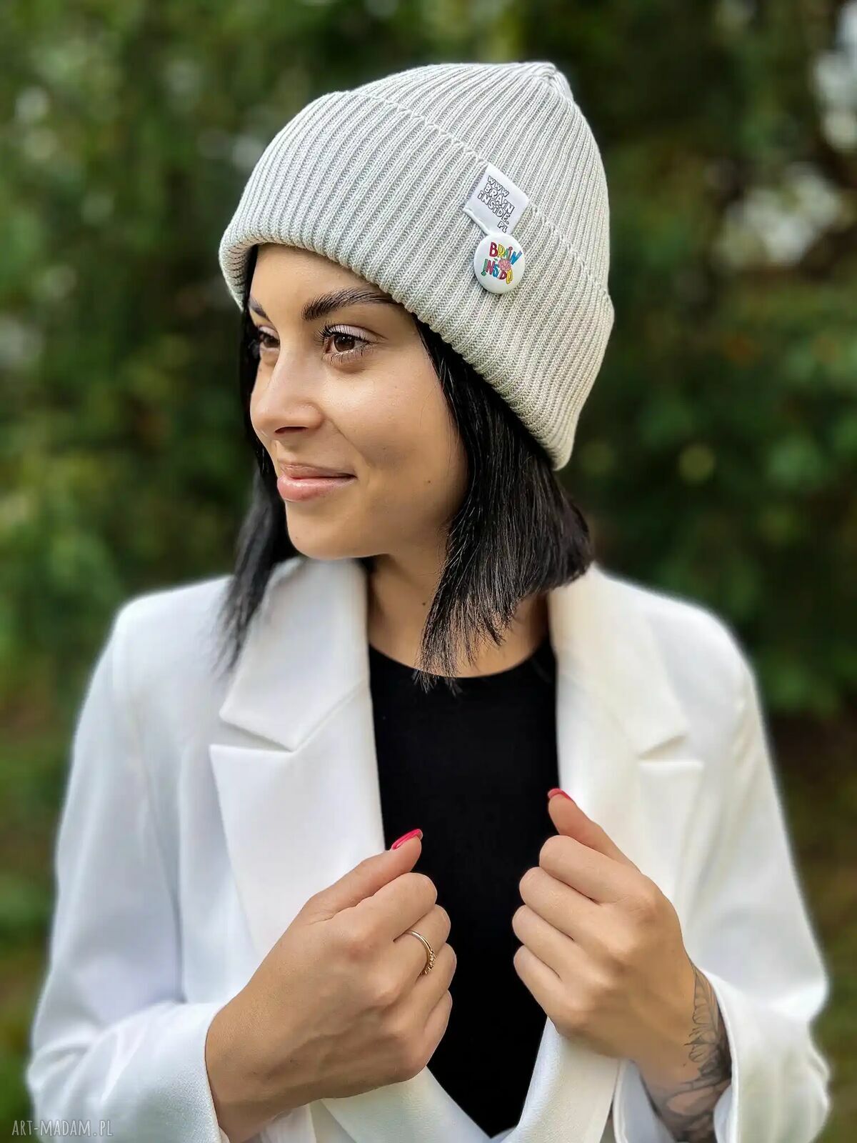 Czapka beanie z bawełny „Jasny szary” - model 2w1 z kolorowym logo