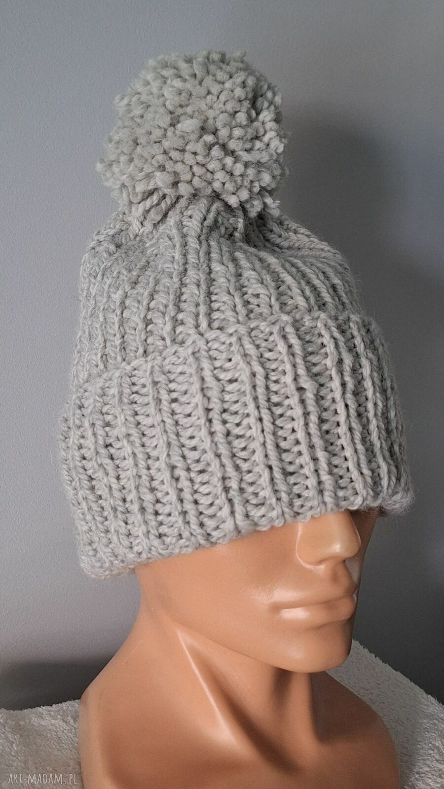 Czapka beanie handmade jasnoszara z pomponem - wełna i alpaka