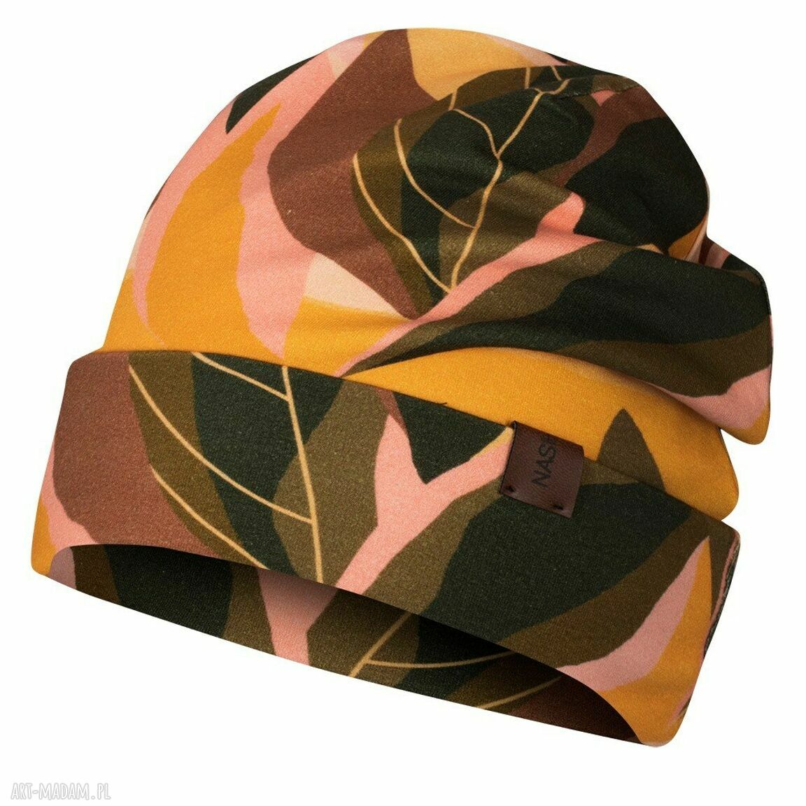 Czapka beanie jesienno-zimowa w jesienne liście - podwójna bawełniana