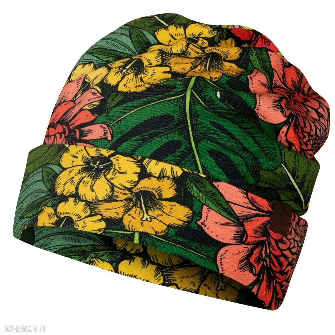 Czapka beanie jesienno-zimowa w kwiaty Nashani - miękka bawełna 92%