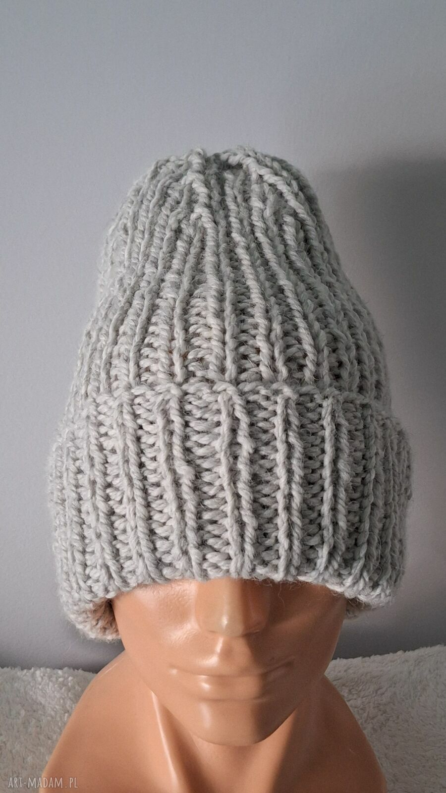 Czapka beanie handmade jasnoszara z pomponem - wełna i alpaka