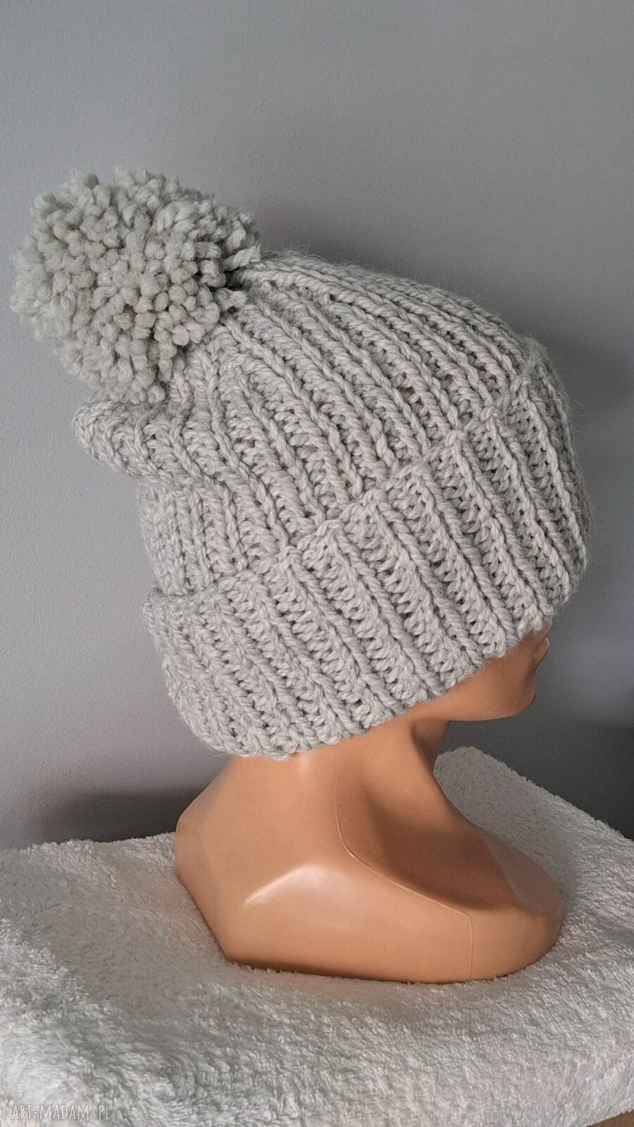 Czapka beanie handmade jasnoszara z pomponem - wełna i alpaka