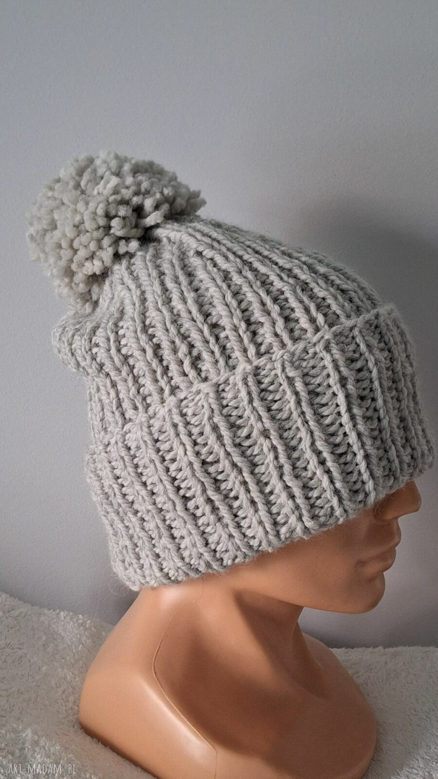 Czapka beanie handmade jasnoszara z pomponem - wełna i alpaka