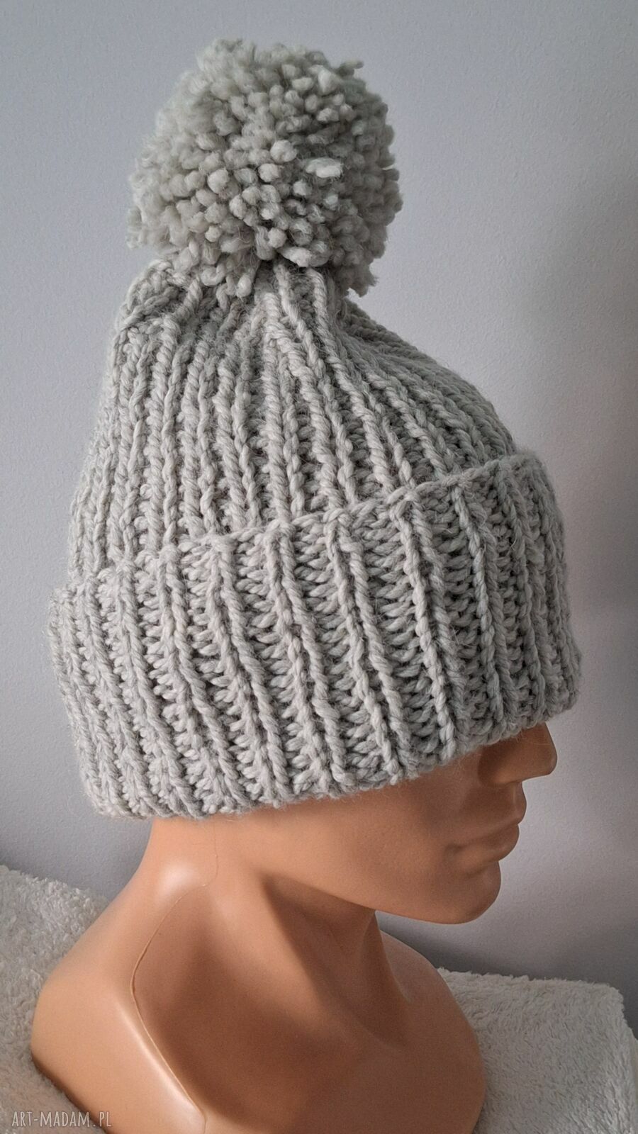 Czapka beanie handmade jasnoszara z pomponem - wełna i alpaka