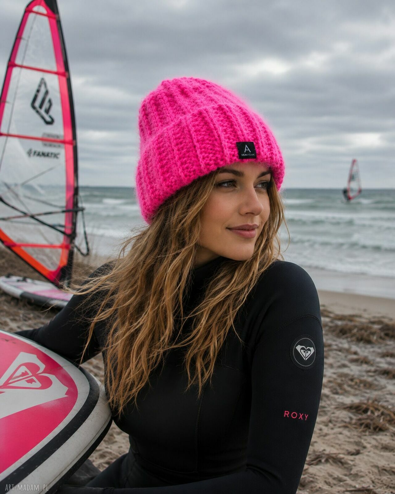 Czapka beanie Smerfetka z alpaki i jedwabiu - neonowy róż