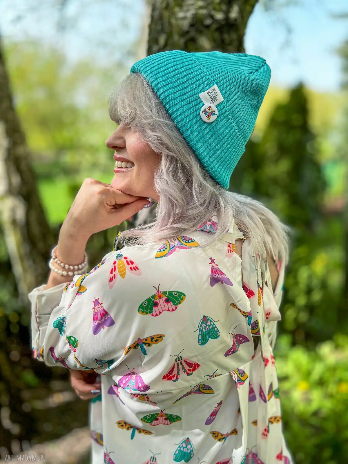 Czapka beanie z bawełny w kolorze turkusowym - logo Brain Inside na jesień