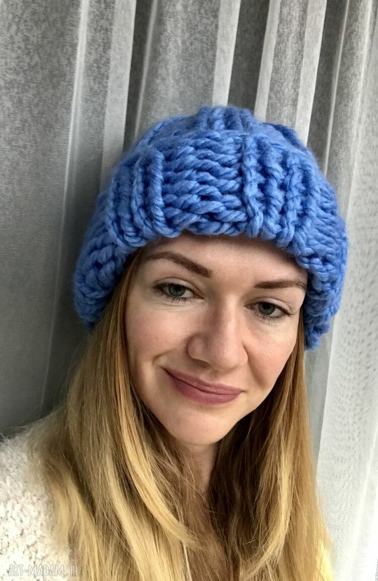 Ciepła czapka beanie ręcznie robiona na drutach - gruba włóczka